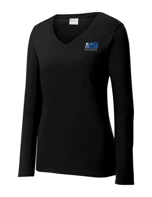 Womens V-Neck Ring Spun Jet Black 4.5 oz Long Sleeve T-Shirt w/Meauxmentum Logo