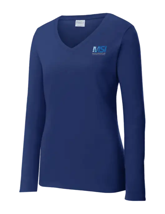 Womens  V-Neck Ring Spun Navy 4.5 oz Long Sleeve T-Shirt w/Meauxmentum Logo