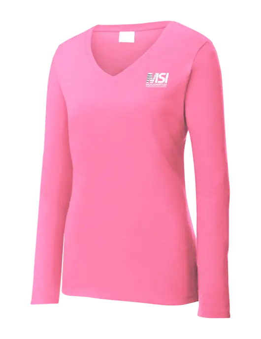 Womens  V-Neck Ring Spun Pink 4.5 oz Long Sleeve T-Shirt w/Meauxmentum Logo