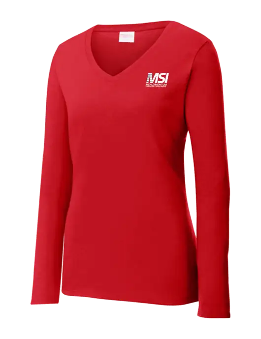 Womens  V-Neck Ring Spun Bright Red 4.5 oz Long Sleeve T-Shirt w/Meauxmentum Logo