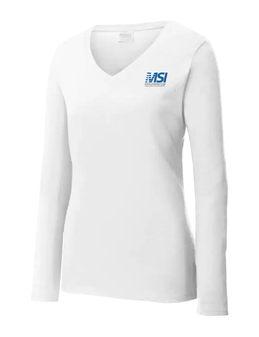Womens  V-Neck Ring Spun White 4.5 oz Long Sleeve T-Shirt w/Meauxmentum Logo