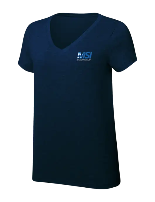 Womens Simply Soft V-Neck New Navy 4.5oz  Poly/Combed Ring Spun Cotton T-Shirt w/Meauxmentum Logo