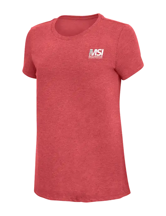Womens Simply Soft Red Frost 4.5oz Poly/Combed Ring Spun Cotton T-Shirt w/Meauxmentum Logo