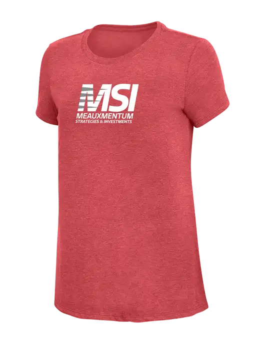 Womens Simply Soft Red Frost 4.5oz Poly/Combed Ring Spun Cotton T-Shirt w/Meauxmentum Logo