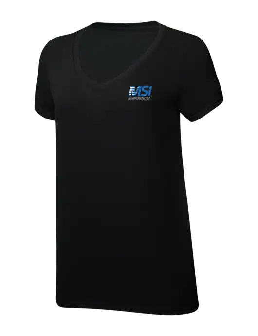 Womens Simply Soft V-Neck Black 4.5oz  Poly/Combed Ring Spun Cotton T-Shirt w/Meauxmentum Logo