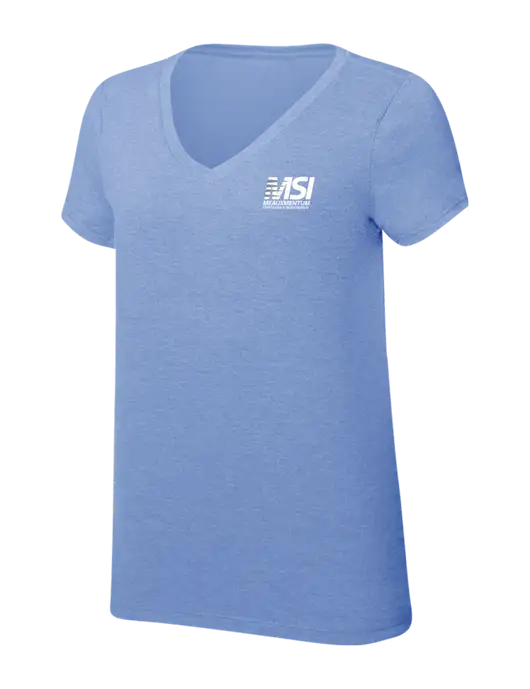 Womens Simply Soft V-Neck Maritime Frost 4.5oz  Poly/Combed Ring Spun Cotton T-Shirt w/Meauxmentum Logo