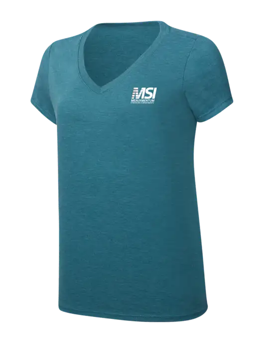 Womens Simply Soft V-Neck Heather Teal 4.5oz  Poly/Combed Ring Spun Cotton T-Shirt w/Meauxmentum Logo