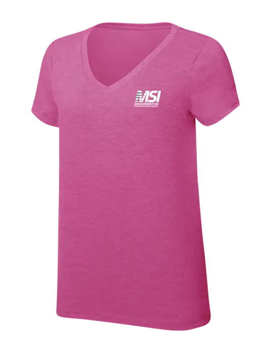 Womens Simply Soft V-Neck Fuschia Frost 4.5oz  Poly/Combed Ring Spun Cotton T-Shirt w/Meauxmentum Logo