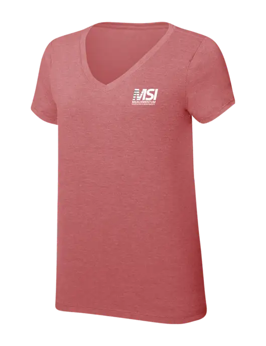 Womens Simply Soft V-Neck Blush Frost 4.5oz  Poly/Combed Ring Spun Cotton T-Shirt w/Meauxmentum Logo