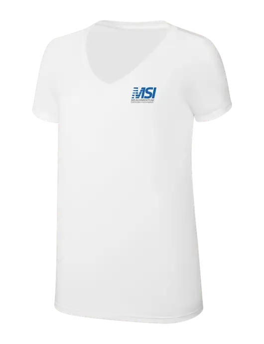 Womens Simply Soft V-Neck White 4.5oz  Poly/Combed Ring Spun Cotton T-Shirt w/Meauxmentum Logo