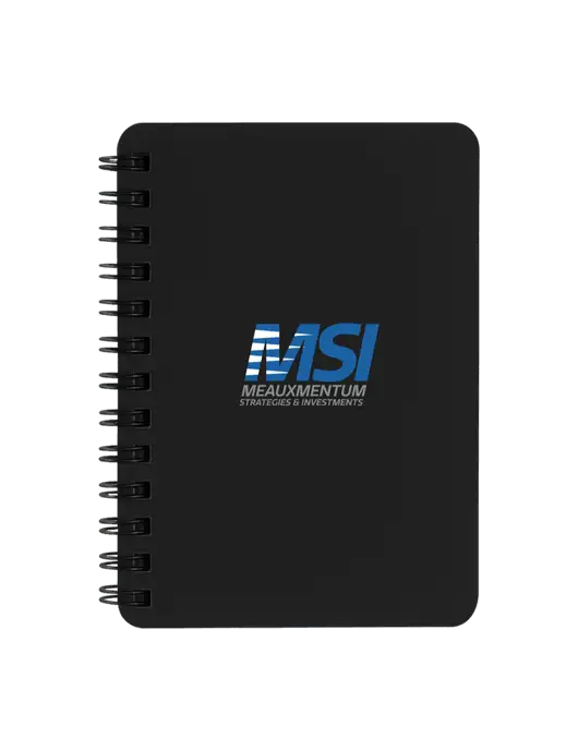 Sturdy Black Hardcover Notebook, 5.25 x 7 w/Meauxmentum Logo