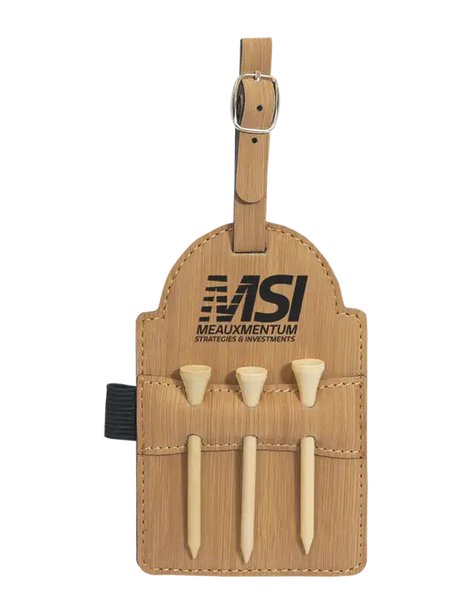 Bamboo Leatherette Golf Bag Tag with 3 Wooden Tees w/Meauxmentum Logo