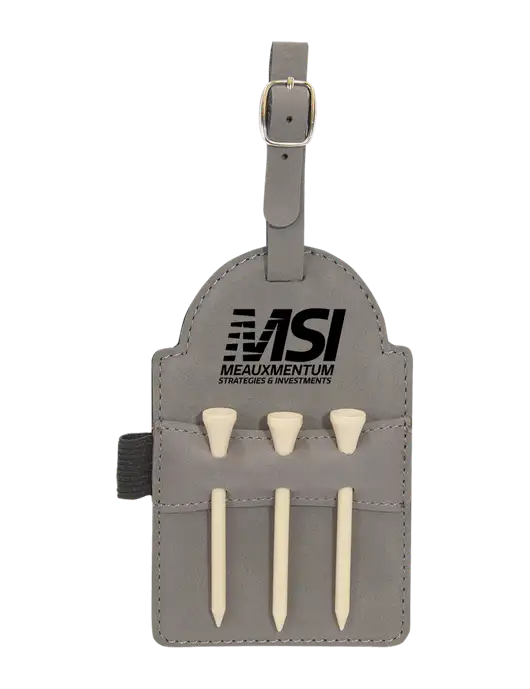Grey Leatherette Golf Bag Tag with 3 Wooden Tees w/Meauxmentum Logo