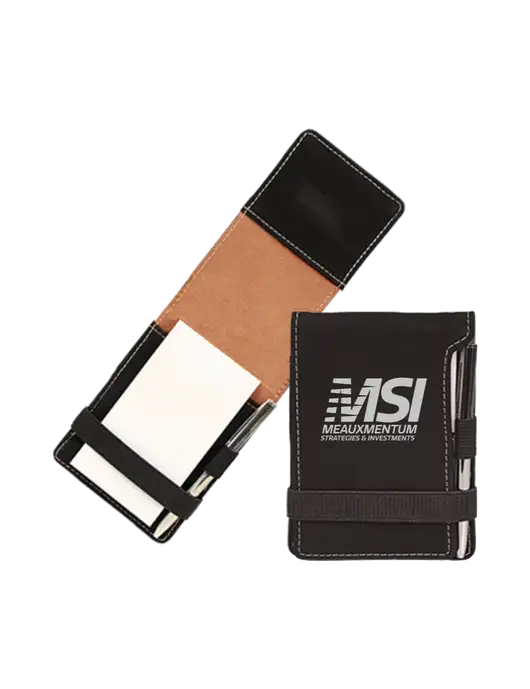 Black Leatherette Mini Notepad with Pen,  3.25 x 4.75 w/Meauxmentum Logo