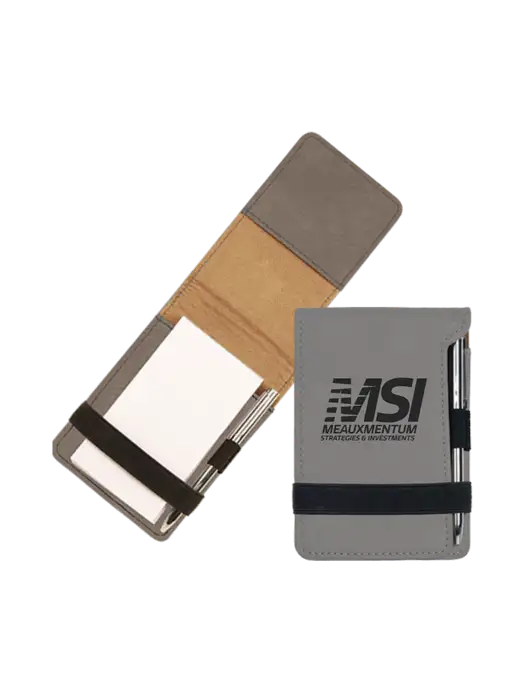 Grey Leatherette Mini Notepad with Pen,  3.25 x 4.75 w/Meauxmentum Logo