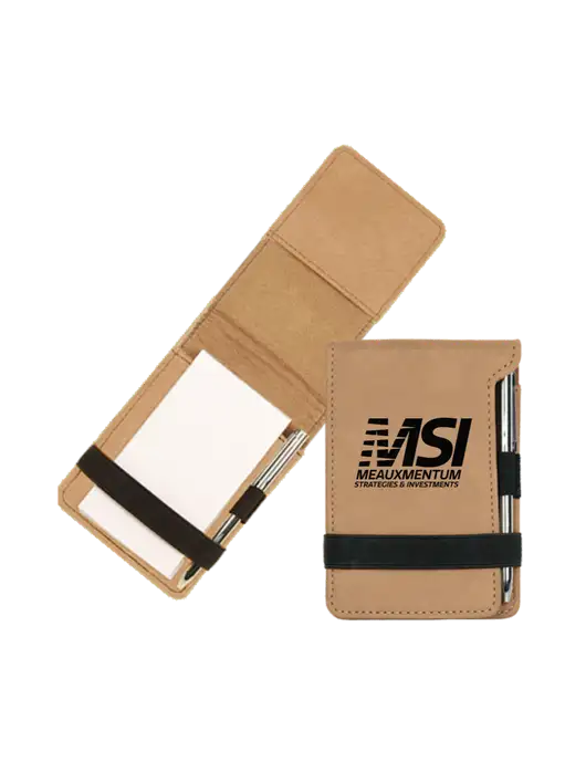 Tan Leatherette Mini Notepad with Pen,  3.25 x 4.75 w/Meauxmentum Logo