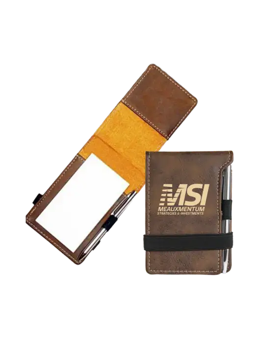 Rustic Leatherette Mini Notepad w/Pen, 3.25 x 4.75 w/Meauxmentum Logo