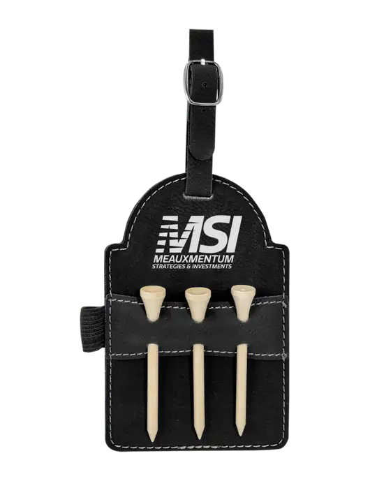 Black Leatherette Golf Bag Tag with 3 Wooden Tees w/Meauxmentum Logo