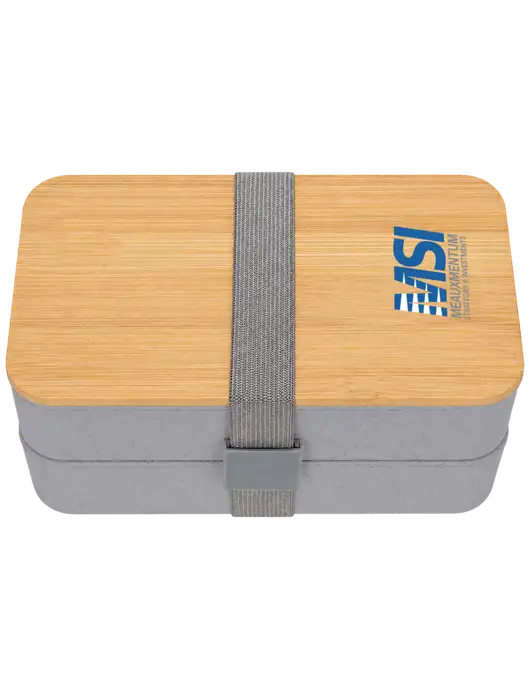 Double Decker Light Medium Grey Lunch Box w/Eco-Friendly FSC Bamboo Lid & Reusable Utensils w/Meauxmentum Logo