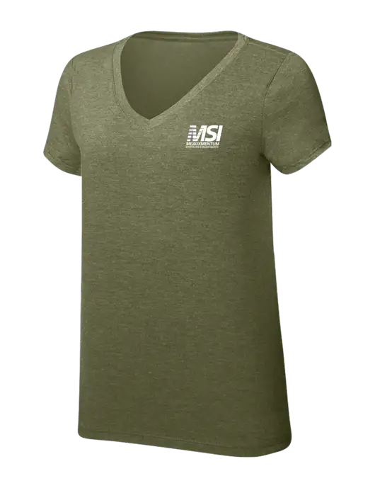 Womens Simply Soft V-Neck Military Green Frost 4.5oz  Poly/Combed Ring Spun Cotton T-Shirt w/Meauxmentum Logo