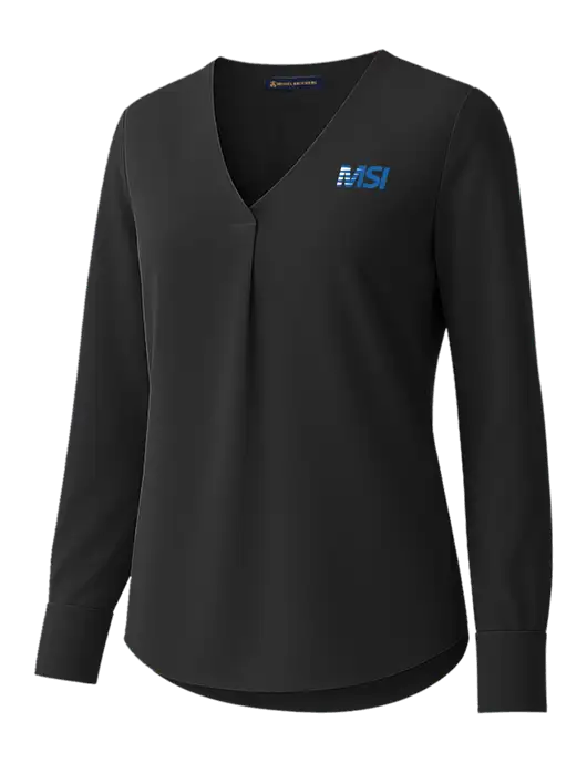 Brooks Brothers Womens Black Open-Neck Satin Blouse  w/MSI Icon logo