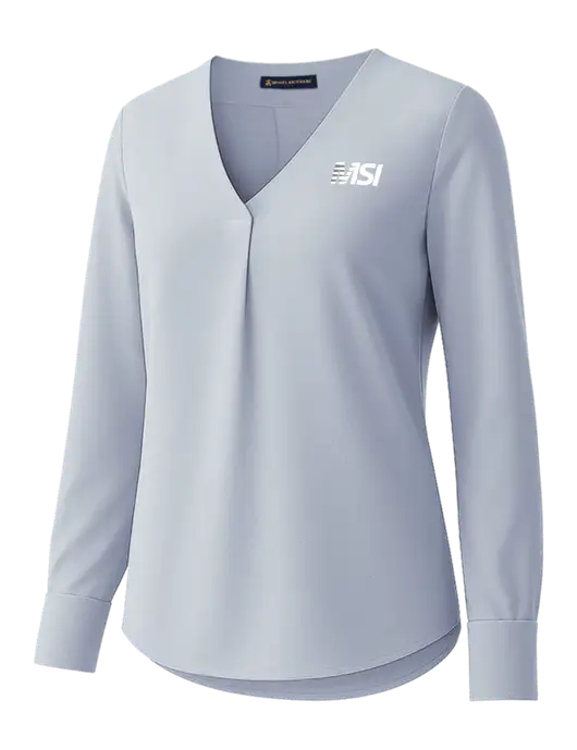 Brooks Brothers Womens Light Slate Blue Open-Neck Satin Blouse  w/MSI Icon logo