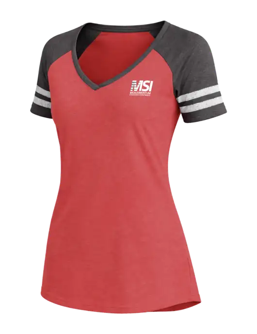 Womens Red Heather/Charcoal Heather V-Neck Game Tee w/Meauxmentum Logo