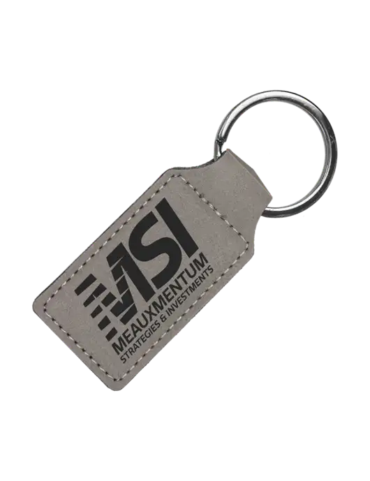 Grey Laserable Leatherette Rectangle Keychain w/Meauxmentum Logo