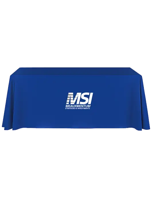 8' Stain-Resistant 4-Sided Dark Royal Table Cover w/Meauxmentum Logo